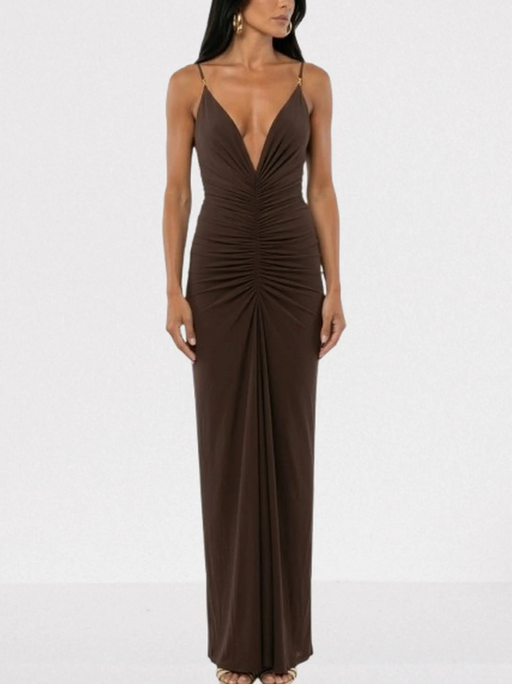 Ruched Jersey Plunge-Neck Maxi Dress - Dresses