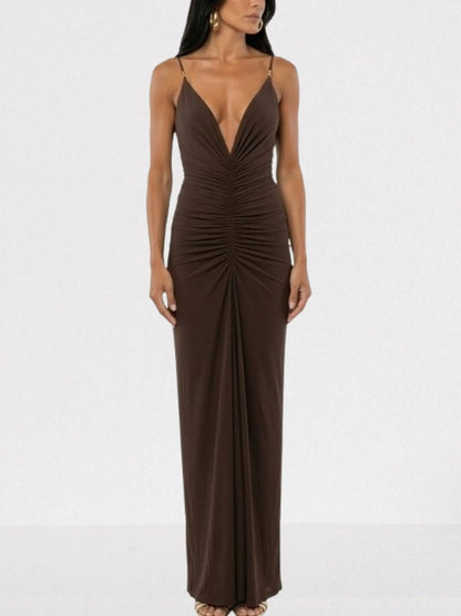 Ruched Jersey Plunge-Neck Maxi Dress - Dresses