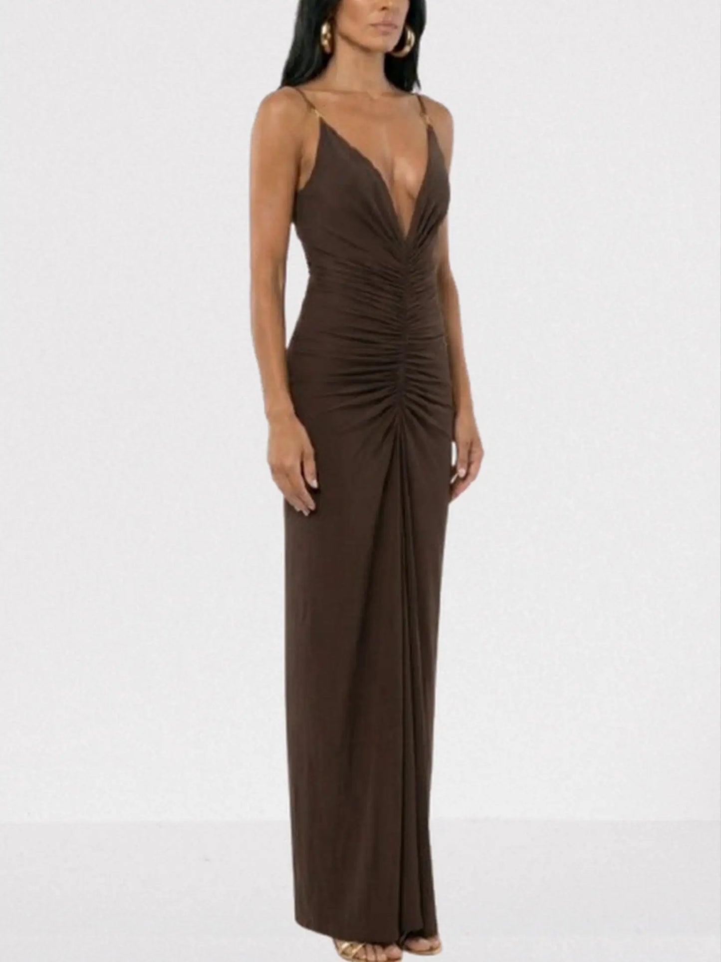 Ruched Jersey Plunge-Neck Maxi Dress - Dresses