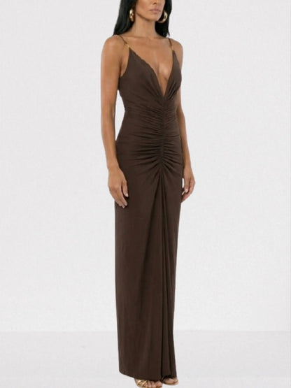 Ruched Jersey Plunge-Neck Maxi Dress - Dresses