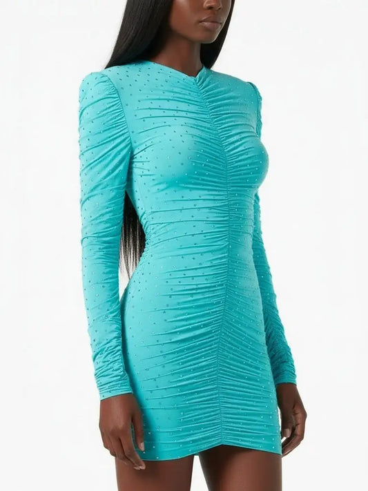 Ruched Long-Sleeve Crystal Mini Dress in Turquoise - Dresses