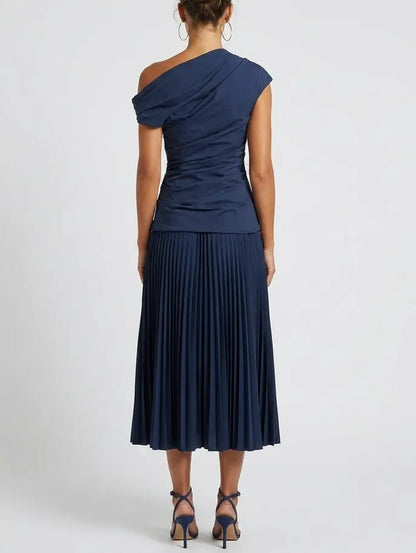Ruched One Shoulder Pleated Midi Dress - Dresses