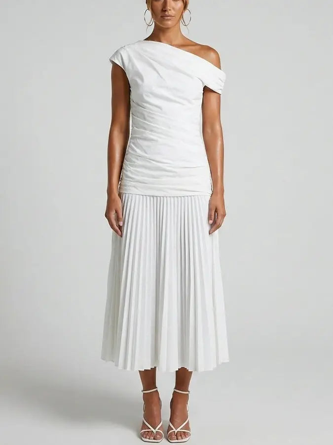 Ruched One Shoulder Pleated Midi Dress - Small / White - Dresses