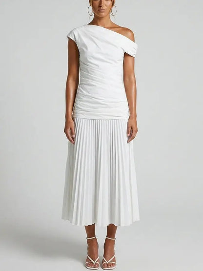 Ruched One Shoulder Pleated Midi Dress - Small / White - Dresses