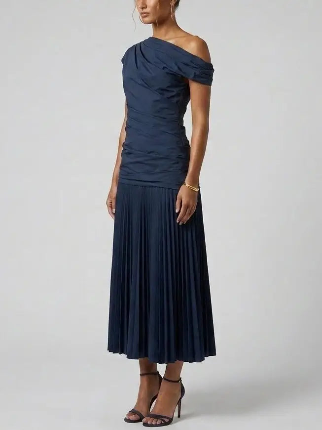 Ruched One Shoulder Pleated Midi Dress - Dresses