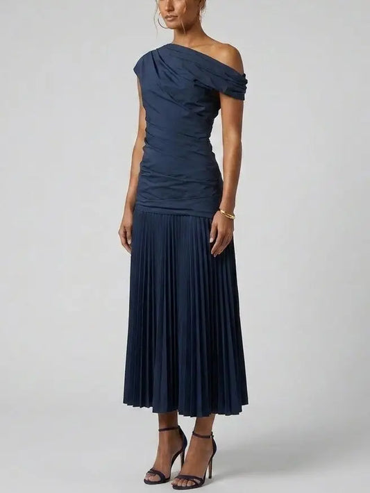 Ruched One Shoulder Pleated Midi Dress - Dresses