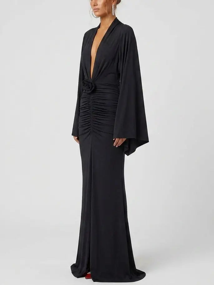 Ruched Plunge Neck Maxi Dress with Rose Detail - Dresses