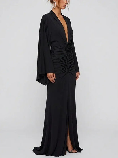 Ruched Plunge Neck Maxi Dress with Rose Detail - Dresses