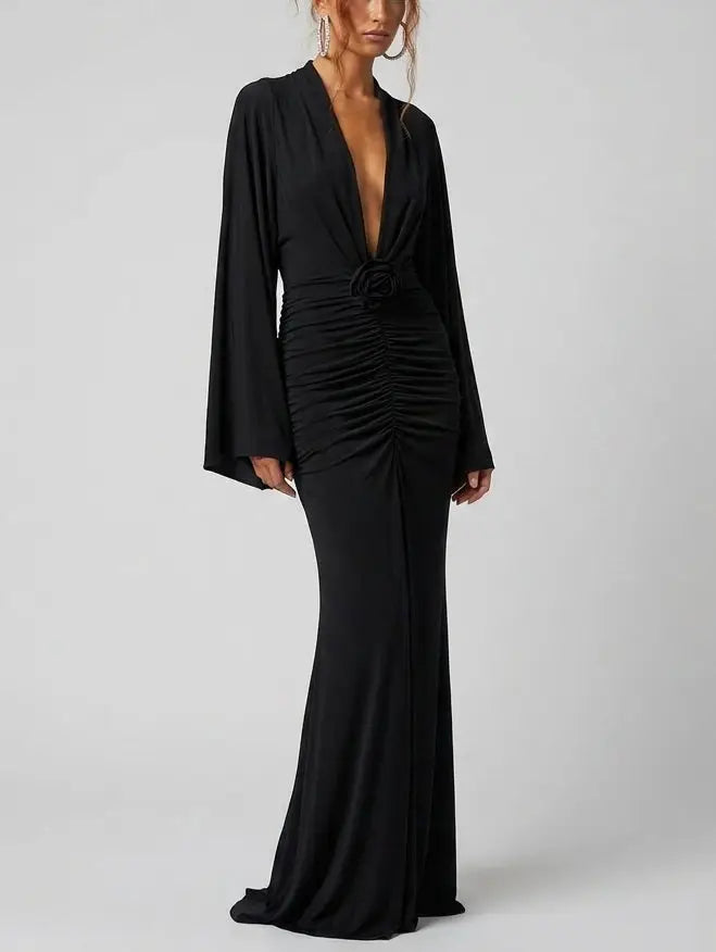 Ruched Plunge Neck Maxi Dress with Rose Detail - Dresses