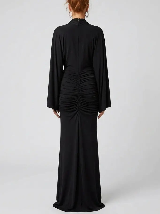 Ruched Plunge Neck Maxi Dress with Rose Detail - Dresses