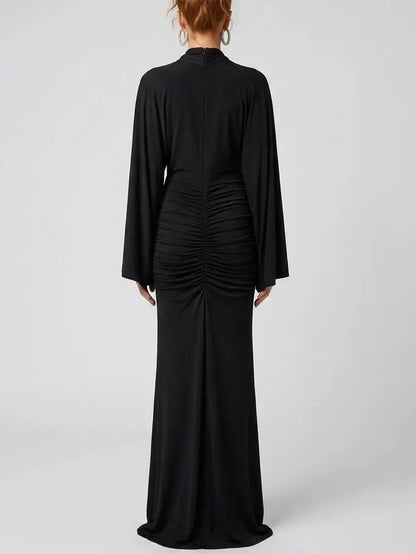 Ruched Plunge Neck Maxi Dress with Rose Detail - Dresses