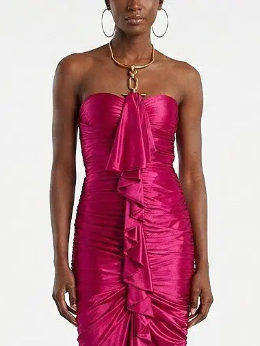 Ruched Satin Strapless Gown with Gold Ring Halter Detail - Dresses