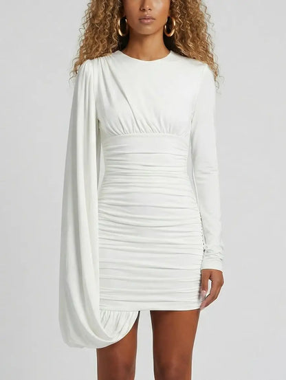 Ruched Stretch Mini Dress with Draped Sleeve - Dresses