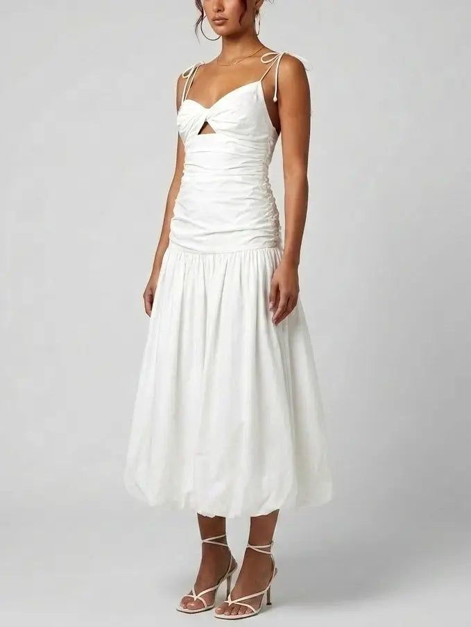 Ruched White Bubble Hem Midi Dress - Dresses