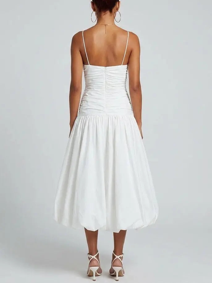 Ruched White Bubble Hem Midi Dress - Dresses
