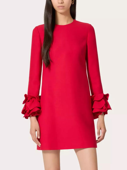 Ruffle-Cuff Shift Mini Dress in Red Branna Couture