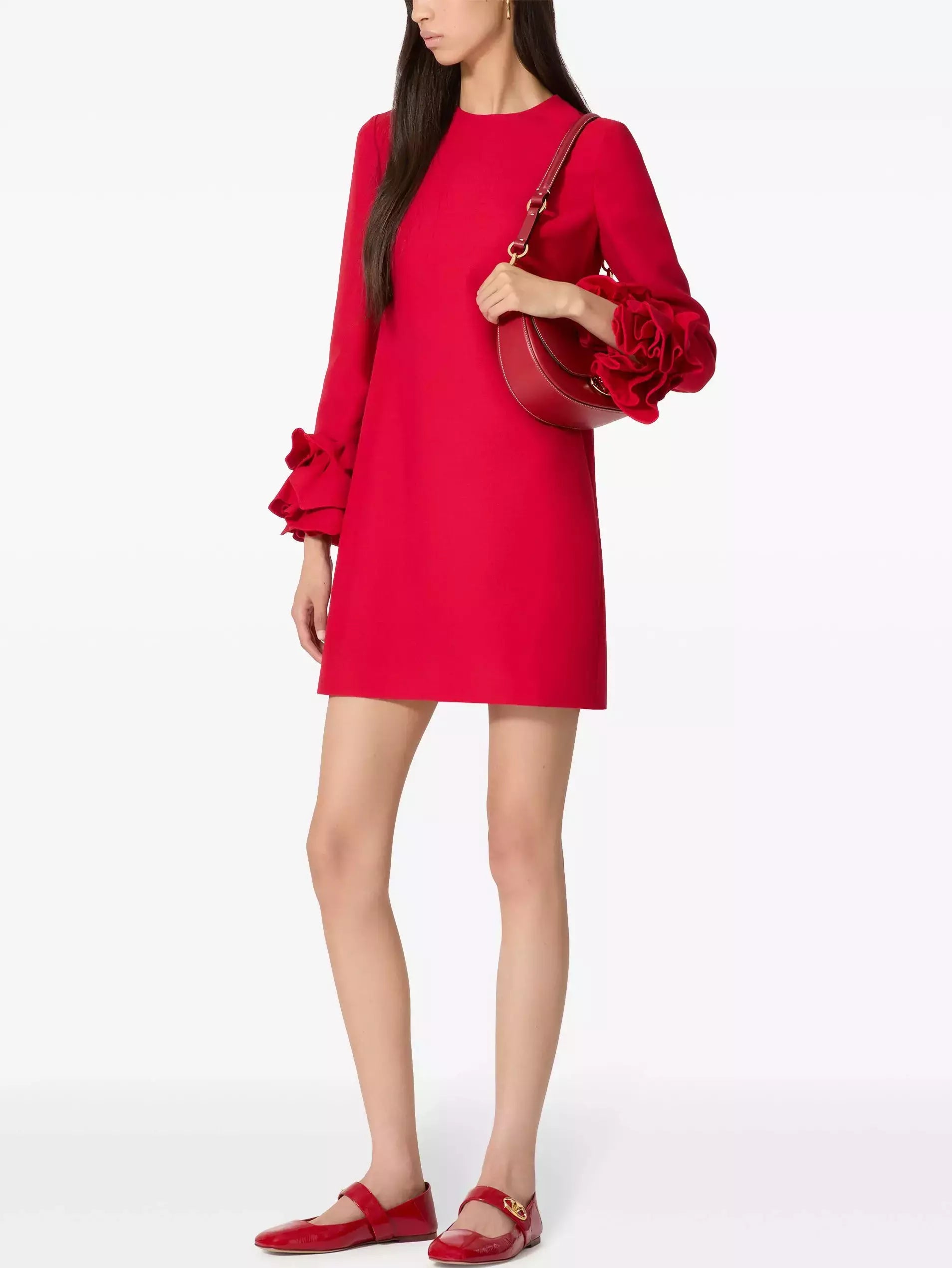 Ruffle-Cuff Shift Mini Dress in Red Branna Couture