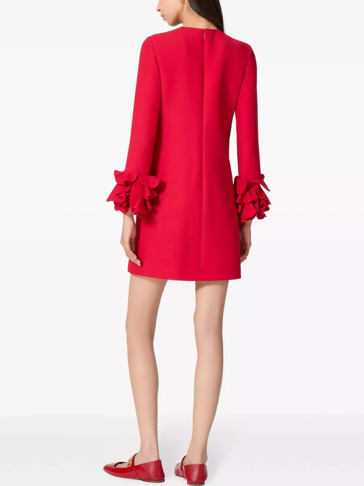 Ruffle-Cuff Shift Mini Dress in Red Branna Couture