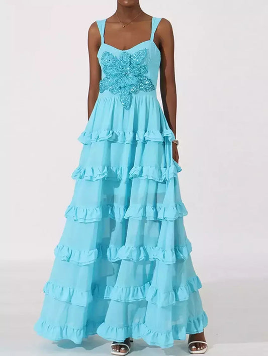 Ruffle-Tiered Embellished Maxi Dress in Sky Blue - Dresses