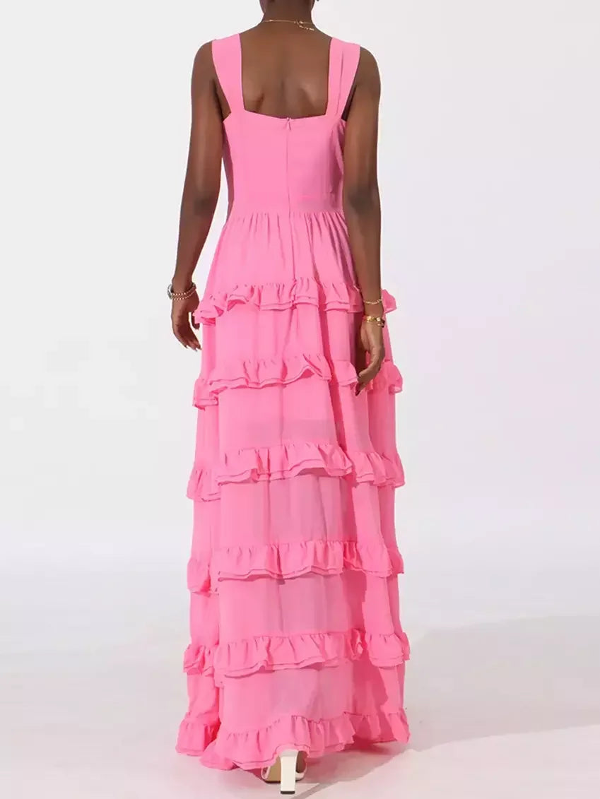 Ruffle-Tiered Embellished Maxi Dress in Fuchsia - Dresses