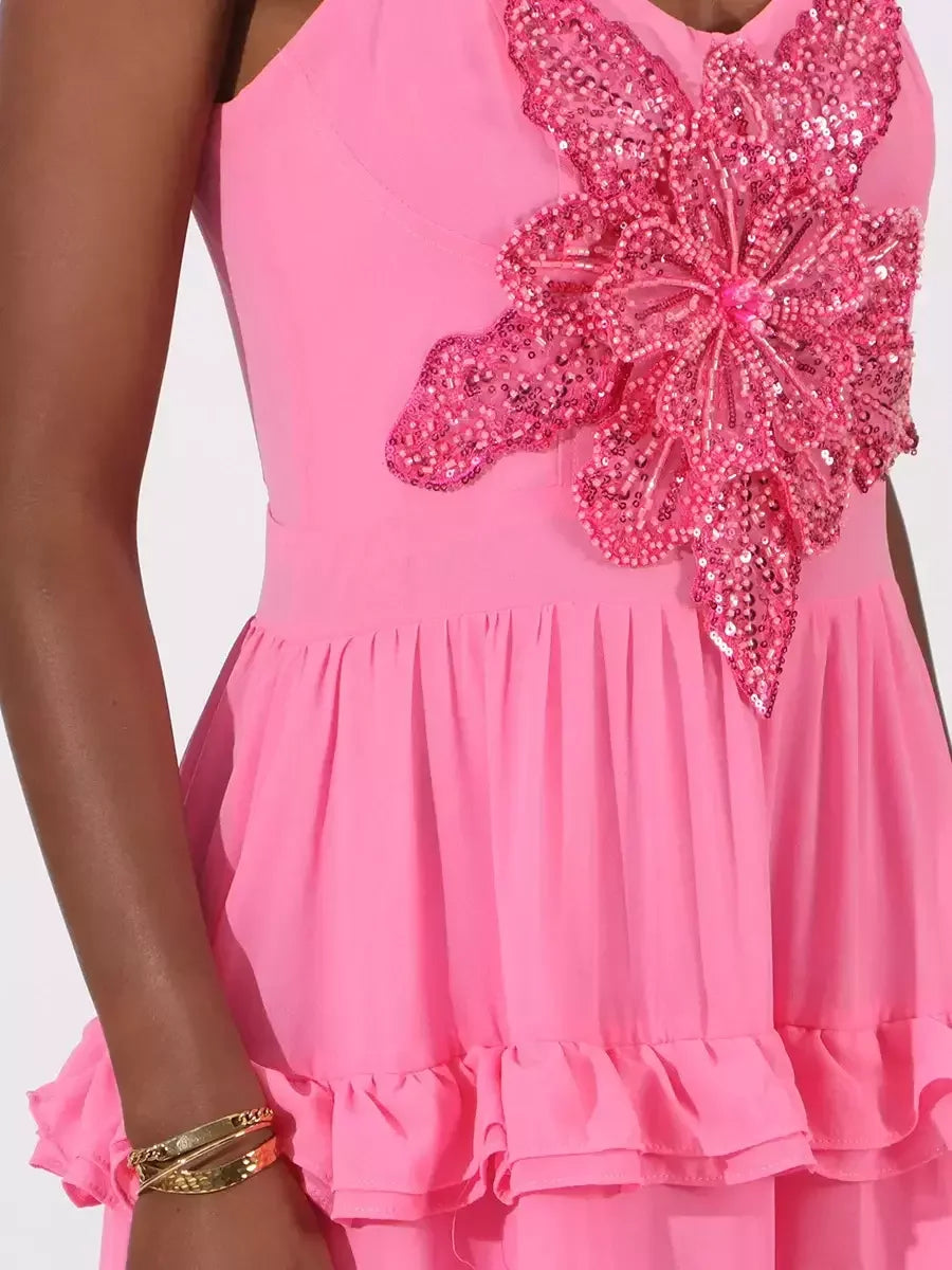 Ruffle-Tiered Embellished Maxi Dress in Fuchsia - Dresses