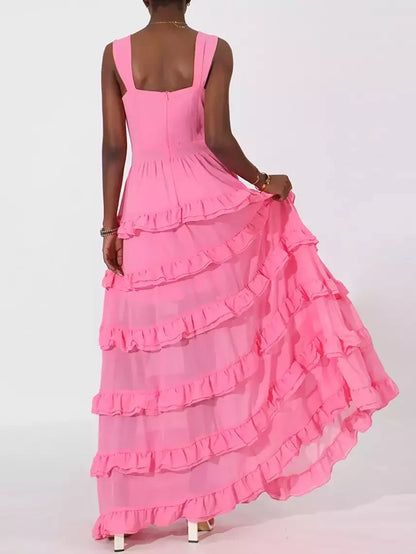 Ruffle-Tiered Embellished Maxi Dress in Fuchsia - Dresses