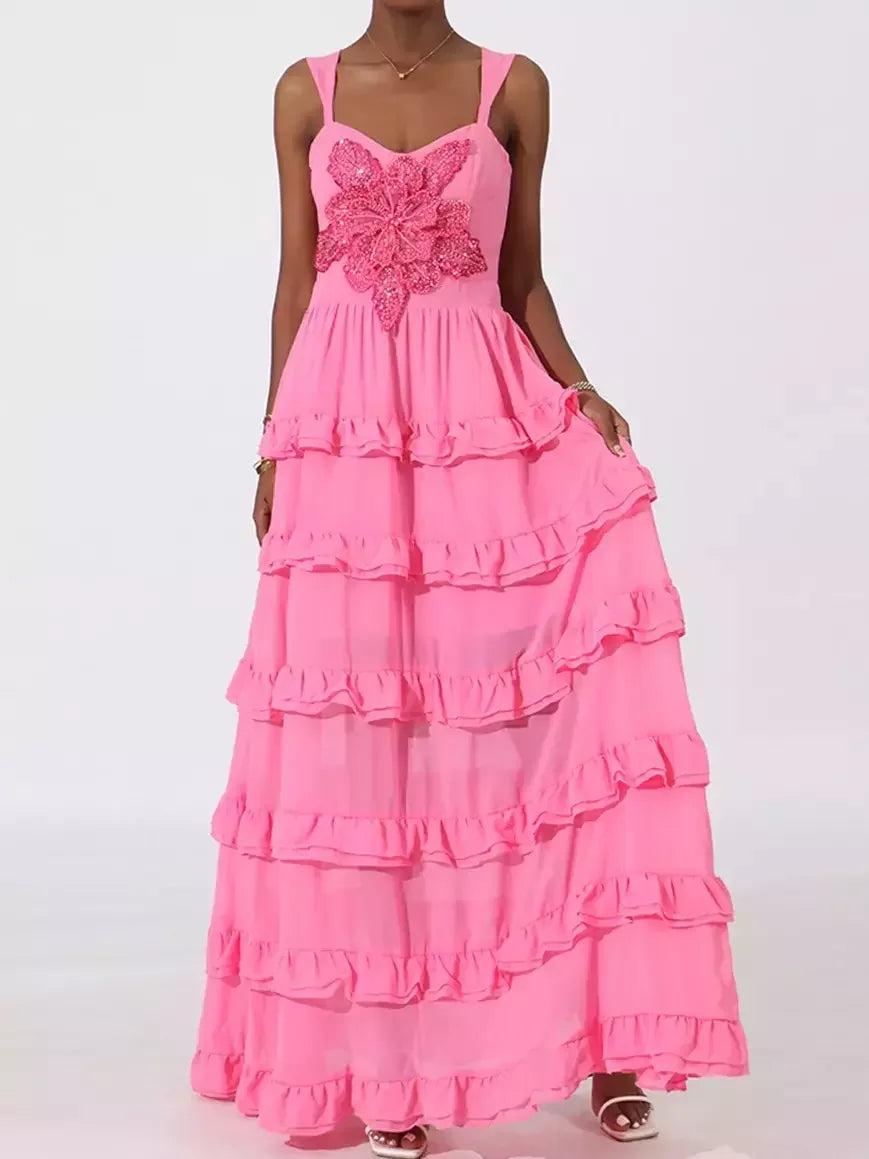 Ruffle-Tiered Embellished Maxi Dress in Fuchsia - Dresses