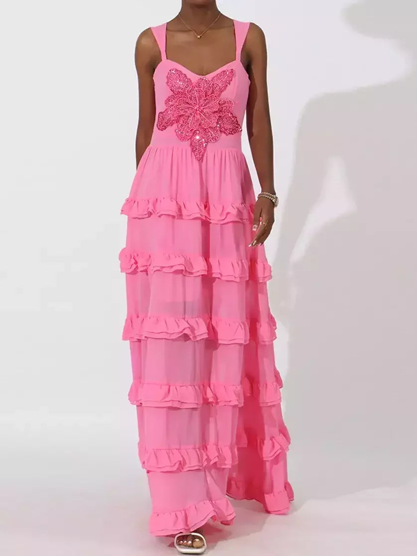 Ruffle-Tiered Embellished Maxi Dress in Fuchsia - Dresses