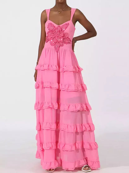 Ruffle-Tiered Embellished Maxi Dress in Fuchsia - Dresses