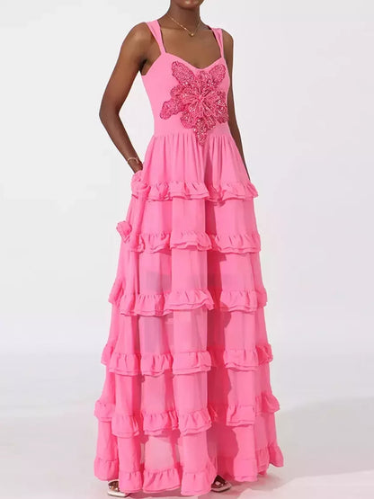 Ruffle-Tiered Embellished Maxi Dress in Fuchsia - Dresses