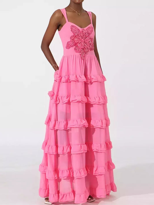 Ruffle-Tiered Embellished Maxi Dress in Fuchsia - Dresses
