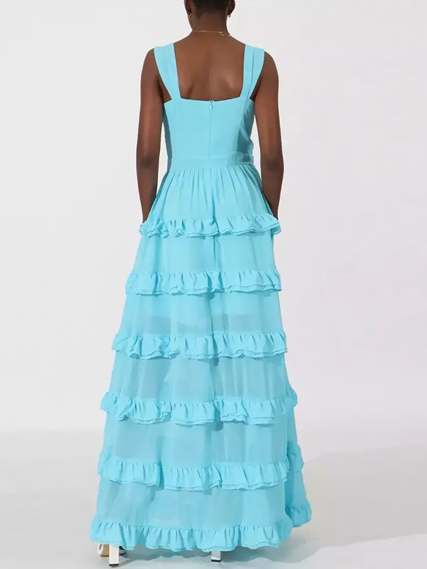 Ruffle-Tiered Embellished Maxi Dress in Sky Blue - Dresses