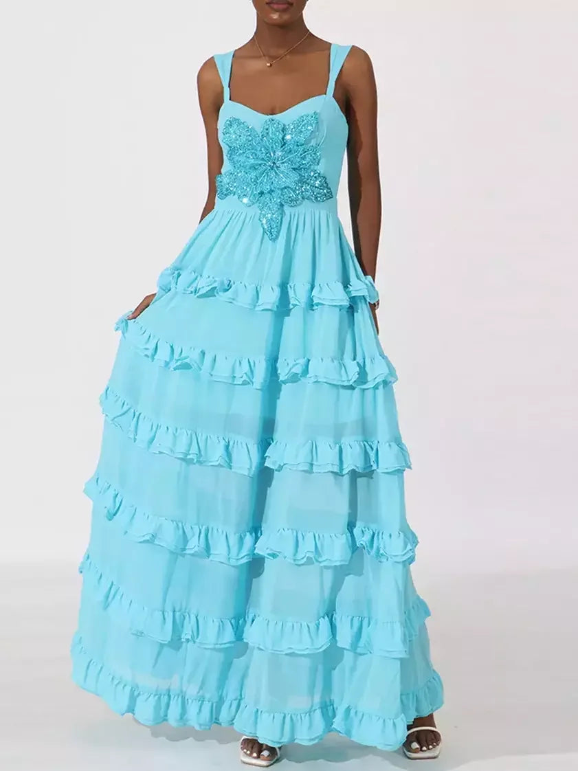 Ruffle-Tiered Embellished Maxi Dress in Sky Blue - Dresses