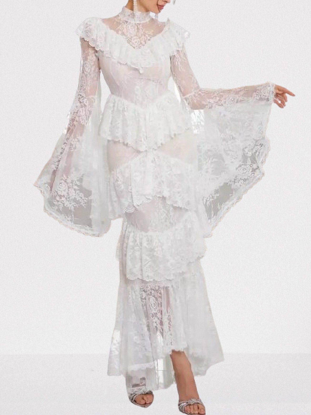 Ruffle-Tiered Paneled Lace Maxi Dress - Dresses