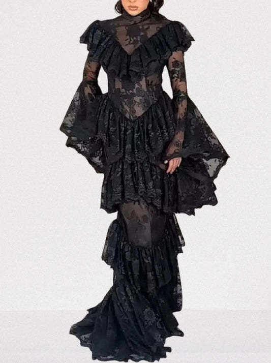 Ruffle Tiered Paneled Lace Maxi Dress Dresses