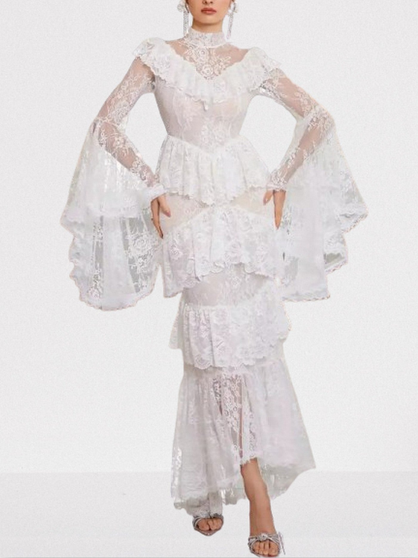 Ruffle-Tiered Paneled Lace Maxi Dress - Dresses