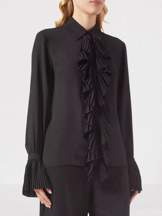Ruffle-Trim Blouson-Sleeve Blouse - Small / Black - Tops