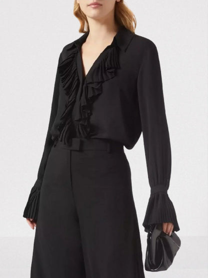 Ruffle-Trim Blouson-Sleeve Blouse - Tops