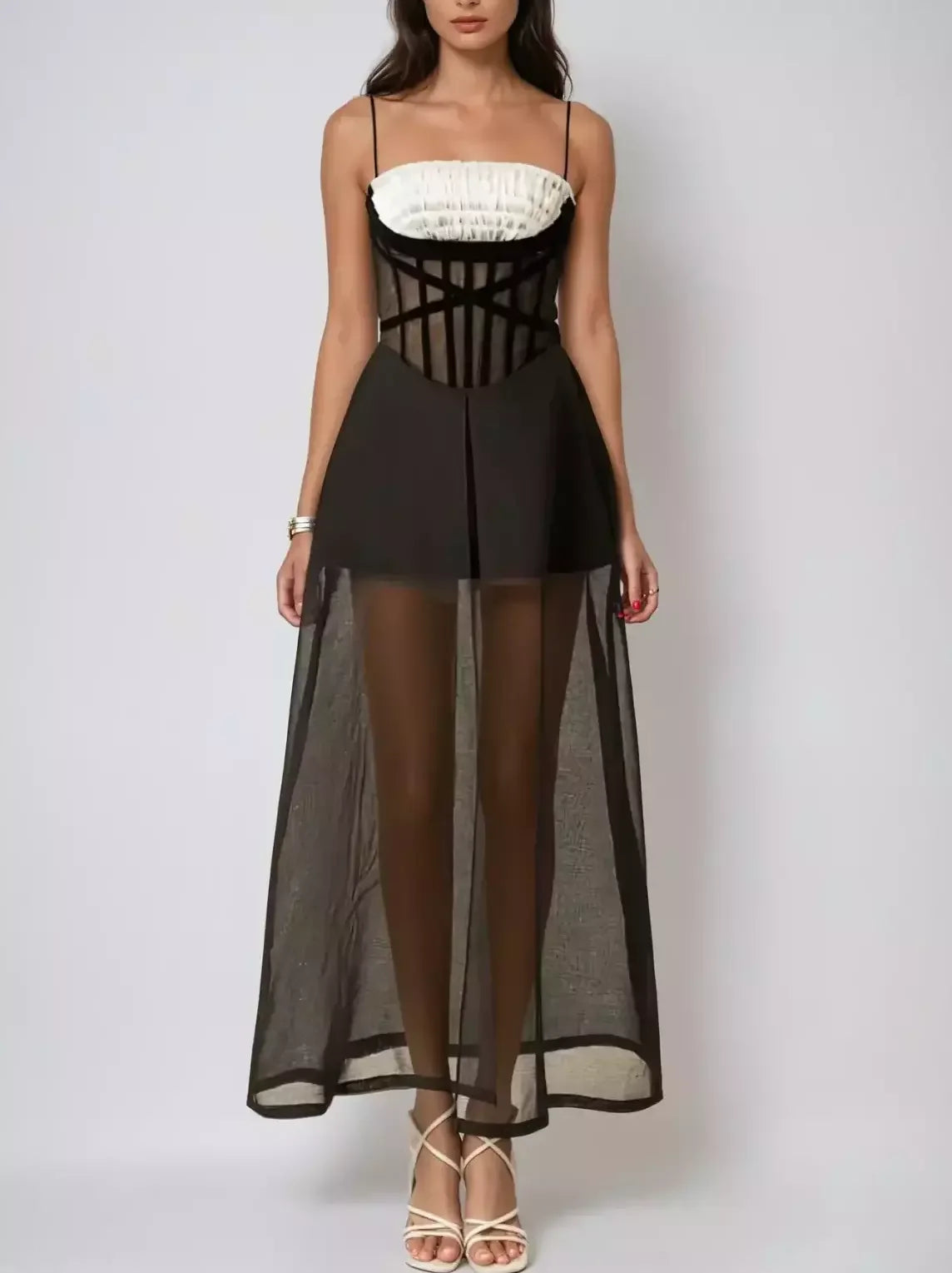 Mesh Ruffle Slit Dress Ruffle-Trim Corset Mesh Maxi Dress with Sheer Overlay