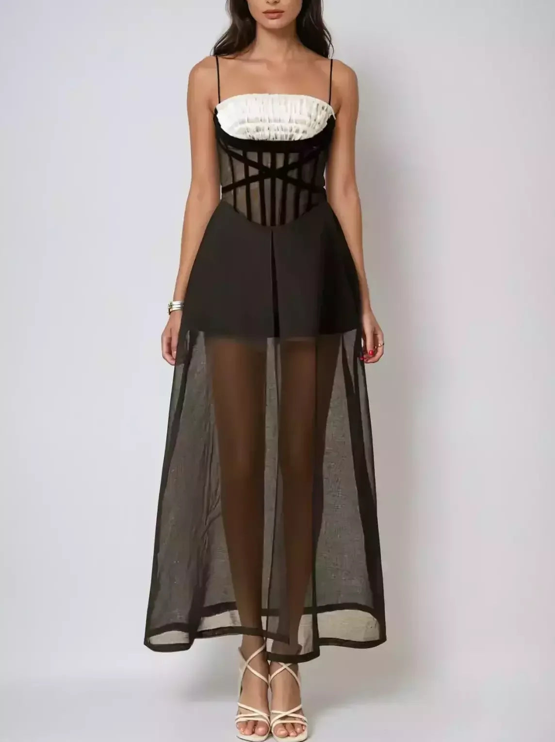 Ruffle-Trim Corset Mesh Maxi Dress - Dresses
