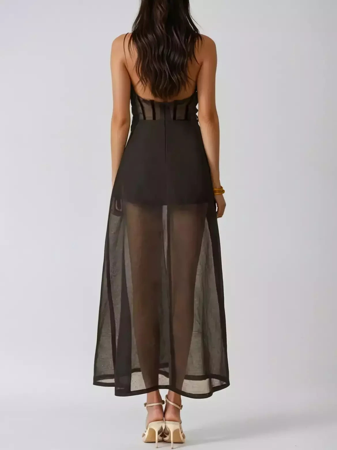 Ruffle-Trim Corset Mesh Maxi Dress - Dresses