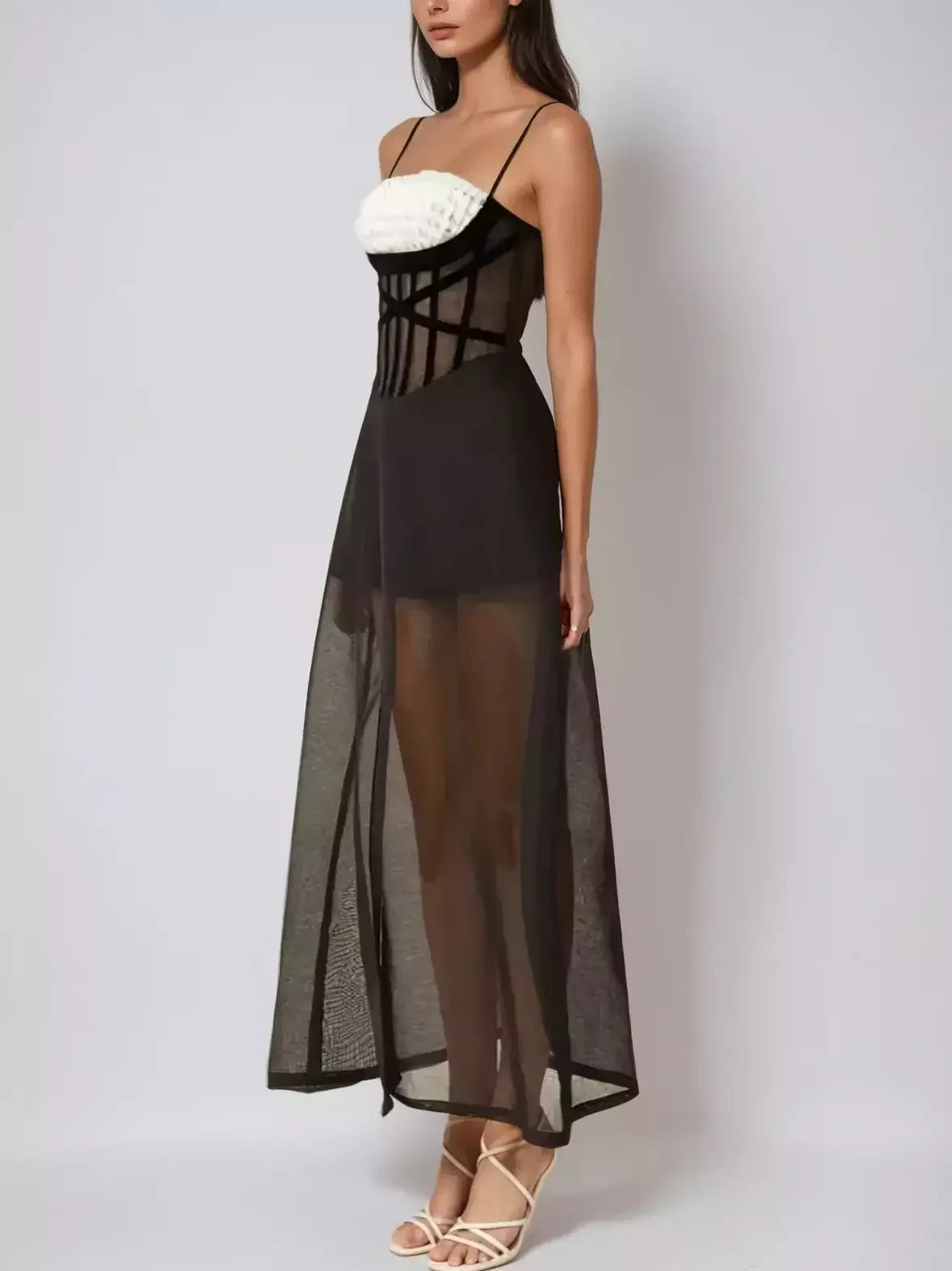 Ruffle-Trim Corset Mesh Maxi Dress - Dresses