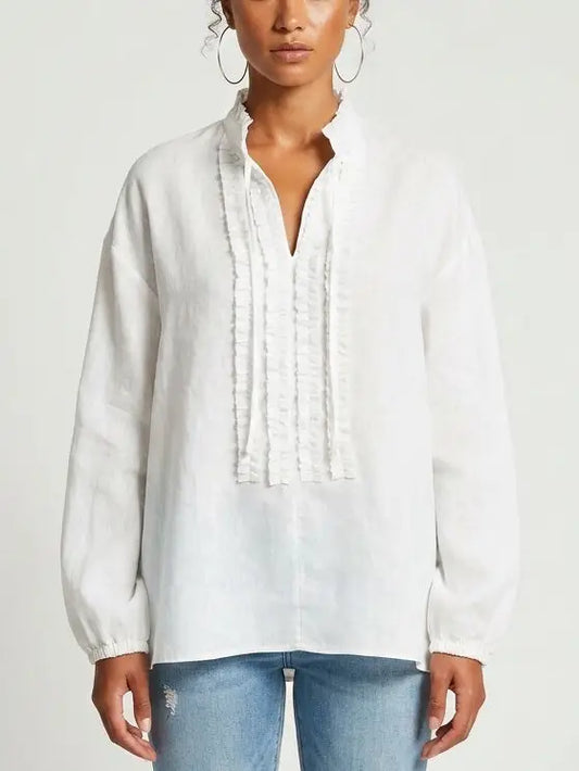Ruffle Front Linen Blend Blouse with Tie Neck - Small / White - Tops
