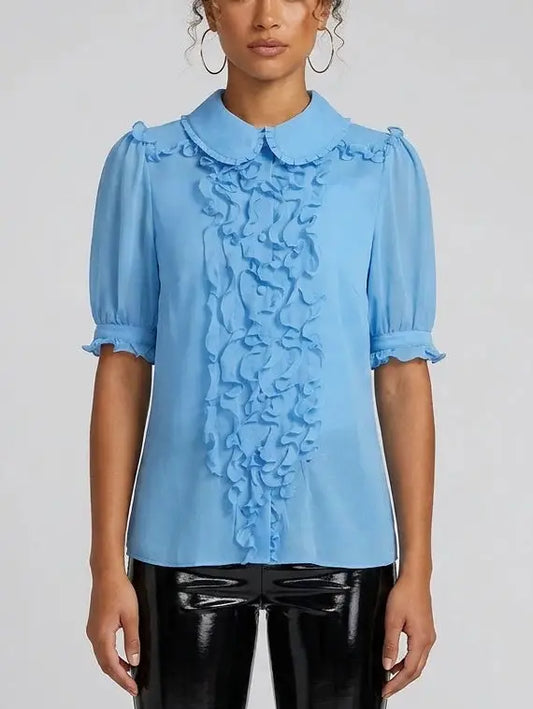 Ruffle Front Sheer Silk Short-Sleeve Blouse - S / Sky Blue - Tops