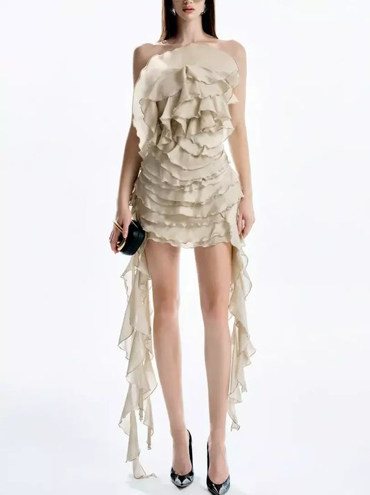 Ruffle Layered Strapless Mini Dress with Draping - Small - Dresses