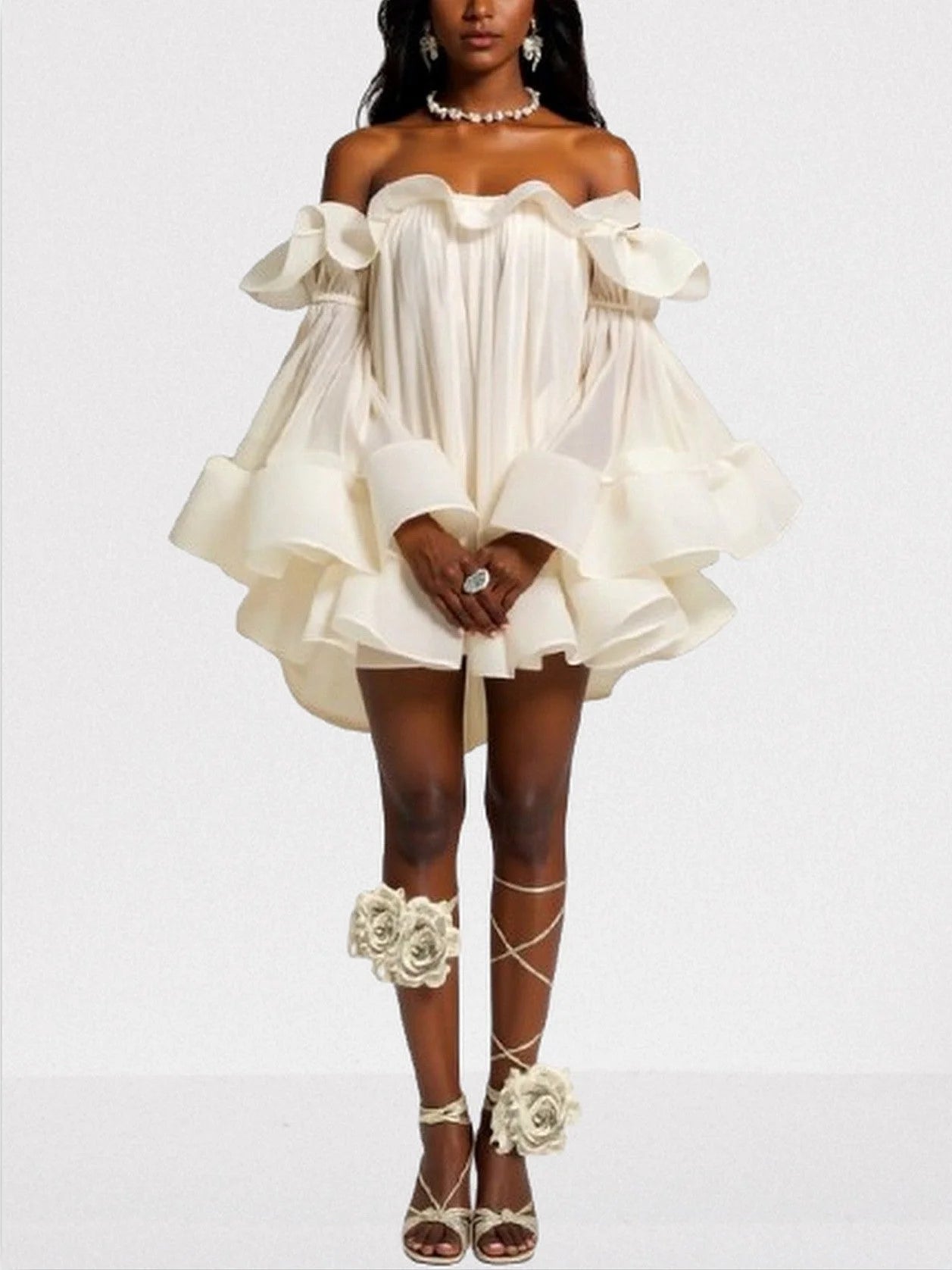 Ruffle Off Shoulder Flared Babydoll Mini Dress S Dresses