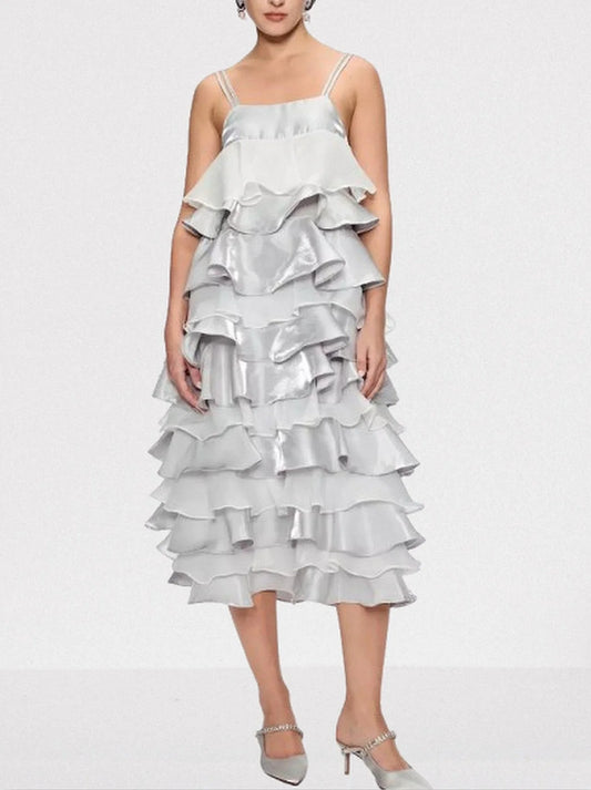 Ruffle Tiered Chiffon and Satin Midi Dress - Small - Dresses