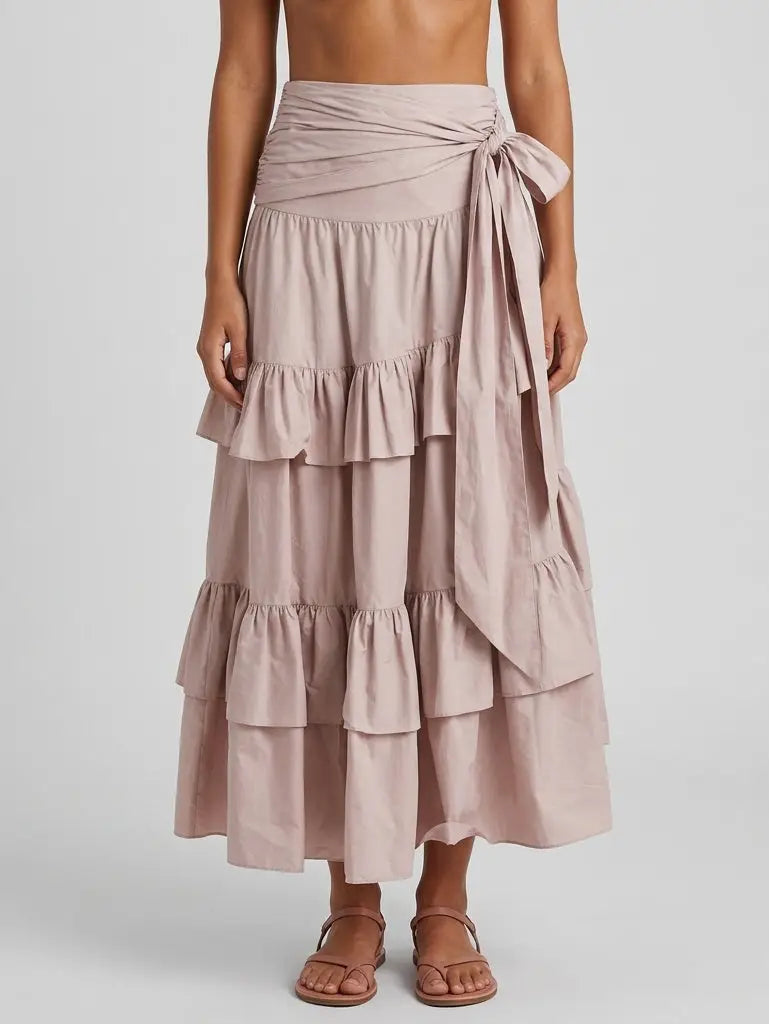 Ruffle Tiered Cotton Midi Skirt with Tie Waist - Small - Skirts