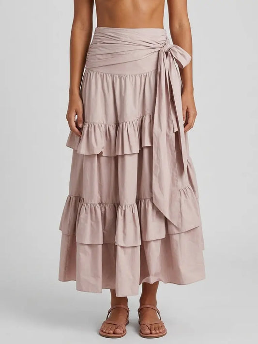 Ruffle Tiered Cotton Midi Skirt with Tie Waist - Small - Skirts