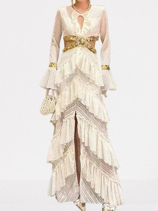 Ruffle Tiered Sequin Cut Out Lace Gown S / Ivory
